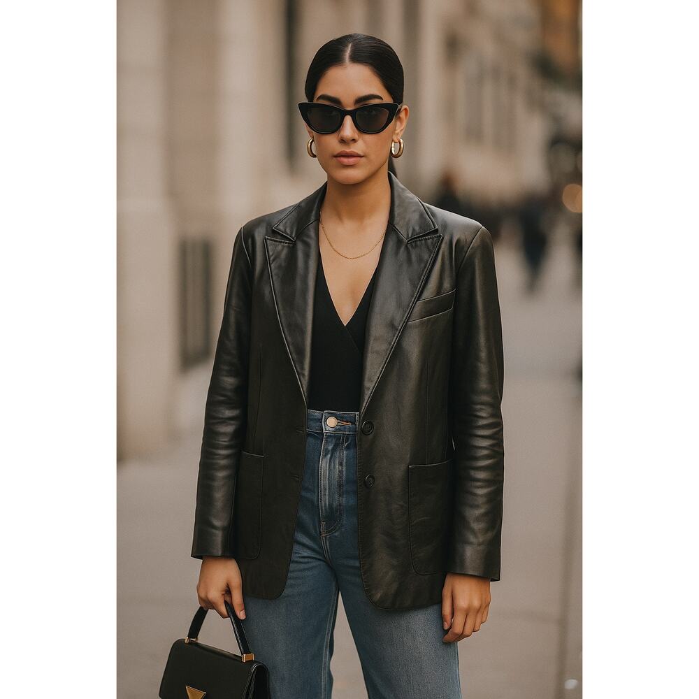 Y2K Express Leather Single Breasted Tailored Black Jacket Size Medium